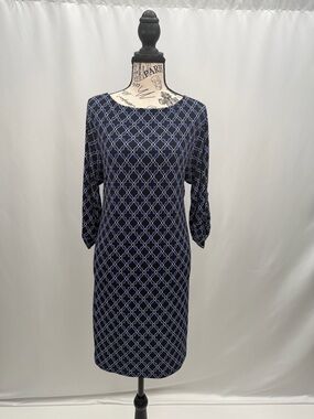 Laundry By Shelli Segal Navy and Light Blue Geometric Long Sleeve Dress